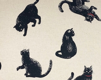 Cat fabric, large cats material, Japanese quirky animal print, cotton linen mix