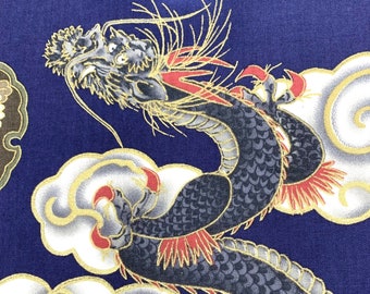 Dragons fabric, Japanese, Chinese, Asian or Oriental fabric, blue, with metallic gold highlights