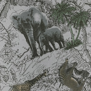 Safari Dschungeltiere Stoff, grau schwarz, Elefant Zebra Giraffe, Baumwolle
