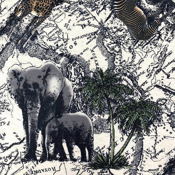 Tissu Safari animaux de la jungle noir ivoire, éléphants, zèbres, girafes, coton