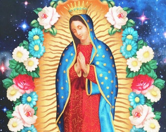 Virgin Lady of Guadalupe fabric panels, NEW Blue clouds, Nuestra Señora, Mary, Inner Faith, religious fabric, gothic icon , Virgin Mary