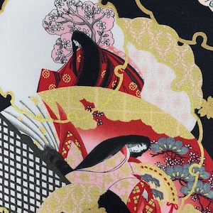 Japanese ladies fabric, red black gold, oriental chinese asian cotton, by the metre