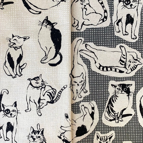 Cat fabric, cats material, Japanese quirky animal print, beige black cotton