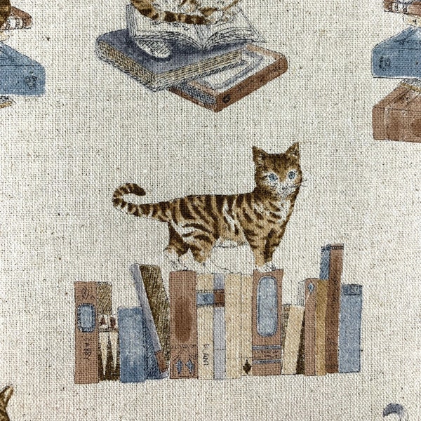 Cats with Books fabric cat material Japanese quirky animal print linen cotton