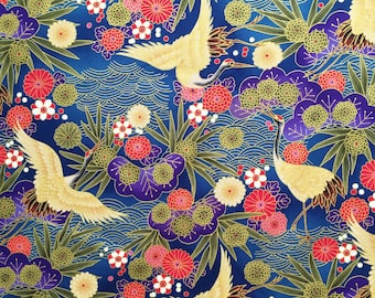 Tela japonesa, tela de grullas, pájaros garza, floral dorado metálico, algodón oriental, azul y morado, por metro, cuarto gordo