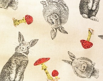 Rabbit fabric, rabbits & toadstools, bunny fabric, country fabric, animal fabric, cotton, linen look, by the metre, by the yard, fat quarter