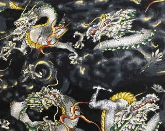 Dragons fabric, black Japanese, Chinese, Asian or Oriental fabric, with metallic gold highlights