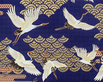 Tela japonesa, grullas, garzas, cigueñas, pájaros metalizados, azul dorado, algodón oriental chino asiático, por metros, fat quarter