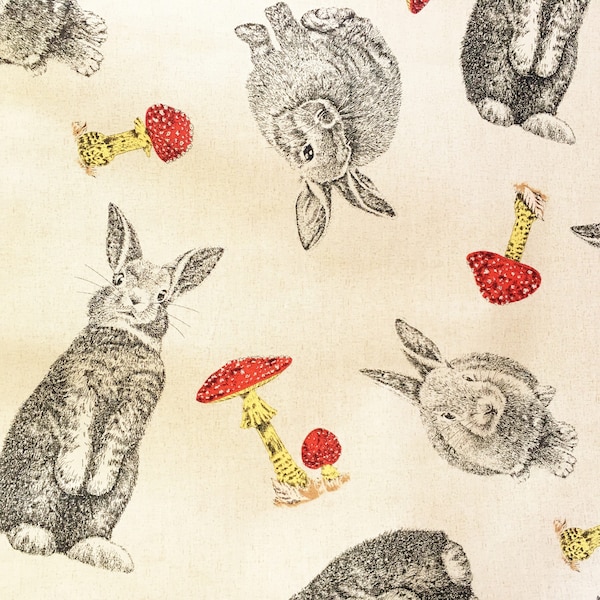 Rabbit fabric, rabbits & toadstools, bunny fabric, country fabric, animal fabric, cotton, linen look, by the metre, by the yard, fat quarter