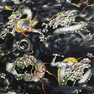 Dragons fabric, black Japanese, Chinese, Asian or Oriental fabric, with metallic gold highlights