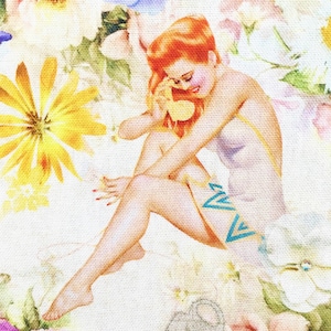 Pin up Girls Fabric, Retro 1950s Fifties Floral Print Cotton
