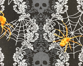 Tela de calavera y arañas, material de disfraz de Halloween, tela de esqueleto gótico de algodón