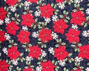 Tela de algodón navideño poinsettia flor de acebo acolchado vacaciones festivas