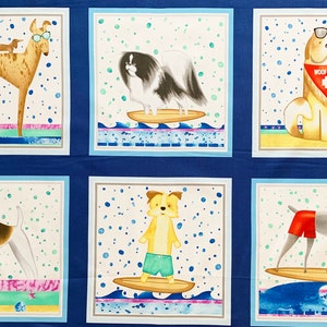 Surfing dogs fabric panels, cotton novelty quilting material