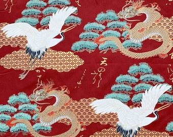 Tela de dragones y grullas japonesas, cigüeña garza, algodón oriental asiático chino rojo, oro, por metro
