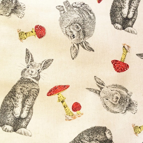 linen look Rabbit fabric bunny toadstools woodland animal fabric cotton