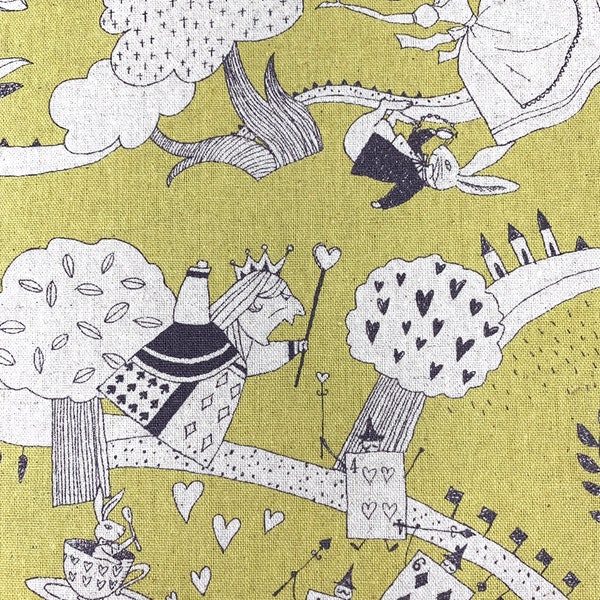 Alice in Wonderland fabric, children's linen cotton, chartreuse green, by the metre, fat quarter