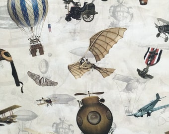 Steampunk fabric, flying machines fabric, planes, biplanes, balloons, canvas cotton, home fabric, Edwardian, Victorian, cushion curtain