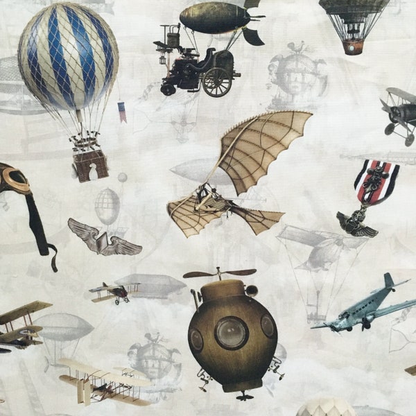 Steampunk fabric, flying machines fabric, planes, biplanes, balloons, canvas cotton, home fabric, Edwardian, Victorian, cushion curtain