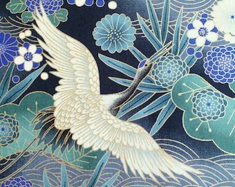 Tela japonesa, tela con grullas, pájaros metálicos, estampado floral gris plata, algodón de estilo oriental chino, por metro, cuarto de yarda