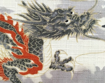 Dragons fabric, Japanese, Chinese, grey, Asian or Oriental fabric, mountain Mount Fuji