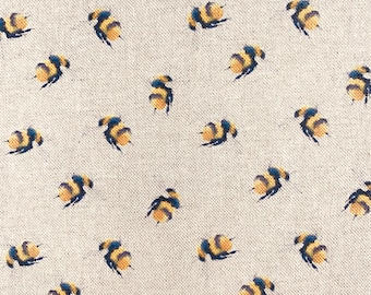 Bee fabric, linen look canvas, small  bumblebee print, insect wildlife animal cotton canvas