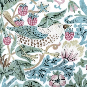 William Morris Strawberry Thief fabric, Art Nouveau pink green bird print craft cotton, Morris & Co