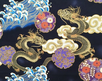 Dragons fabric, Japanese, Chinese, Asian or Oriental fabric, black, with metallic gold highlights