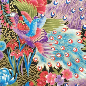 Japanese fabric, peacock fabric, oriental, asian, metallic birds, gold silver blue purple floral, chrysanthemum, by the metre, fat quarter