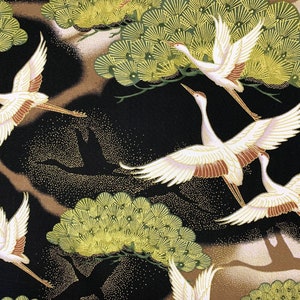 Oriental cranes fabric, metallic heron stork bird, Japanese style, black gold, cotton