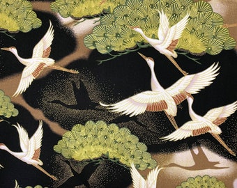 Tela de grullas orientales, ave cigüeña garza metalizada, estilo japonés, oro negro, algodón