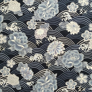 Oriental floral fabric, grey blue silver, Japanese chinese asian cotton, by the metre