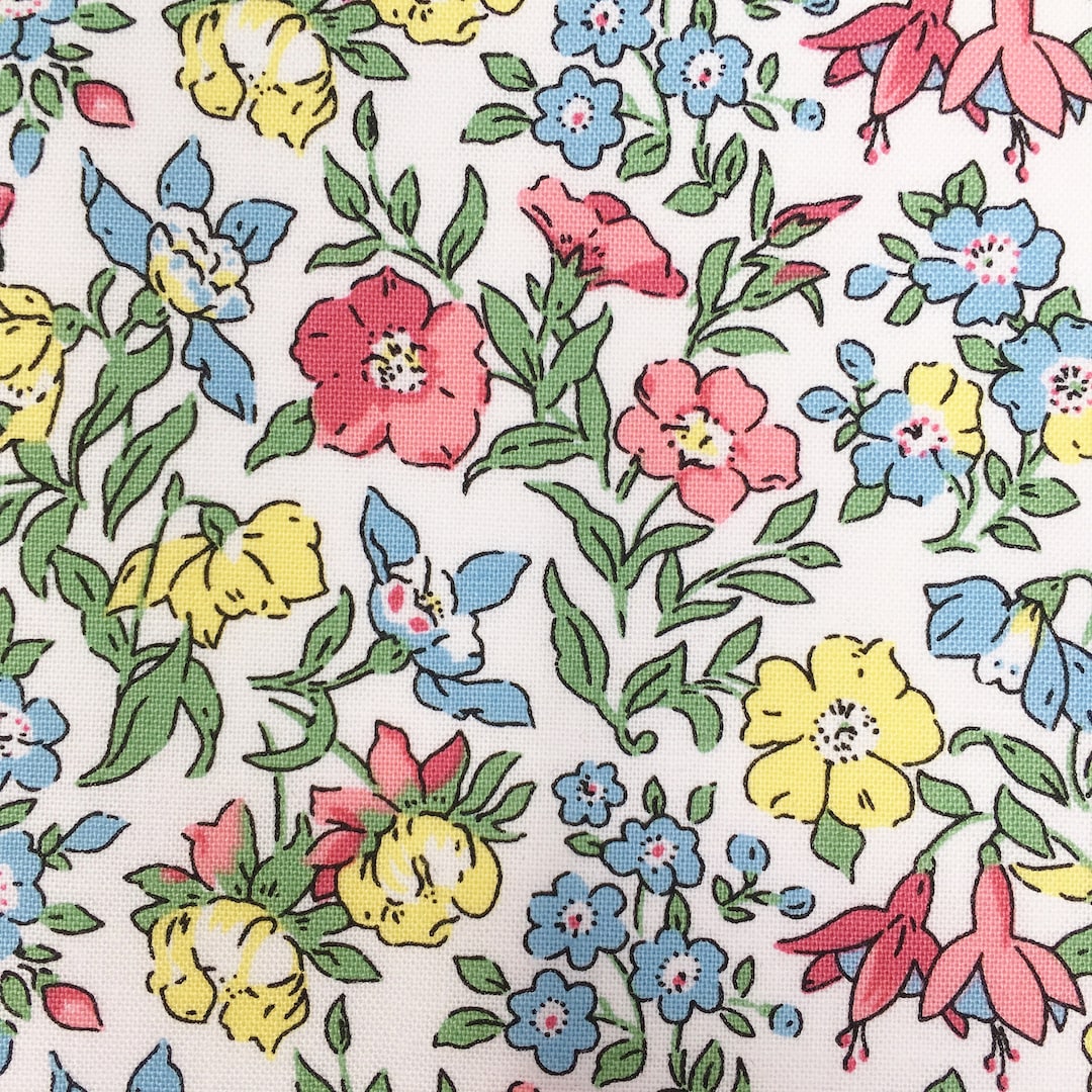 Liberty Fabric, Floral Mamie Cotton, Pink White Blue Yellow Small Flowers, Quilting, British ...