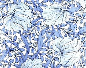 May include: A seamless pattern featuring blue and white stylized flowers and leaves on a white background.