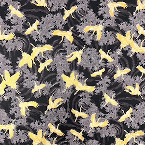 Japanse stof, kraanvogels, reigers, ooievaars, metalen vogels, zwart grijs goud, oosters Chinees Aziatisch katoen, per meter, dik kwartaal