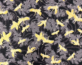 Tela japonesa, grullas, garzas, cigüeñas, pájaros metálicos, oro gris negro, algodón asiático chino oriental, por metro, cuarto gordo