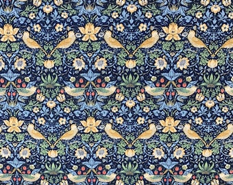 William Morris Strawberry Thief (Mini) fabric, navy blue Art Nouveau bird print craft cotton, Morris & Co
