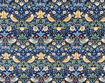 Tissu William Morris Strawberry Thief (Mini), coton artisanal bleu marine à imprimé oiseaux Art nouveau, Morris & Co