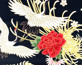 Tela de grullas japonesas, cigüeña garza, pájaros de oro negro, tela china, asiática u oriental