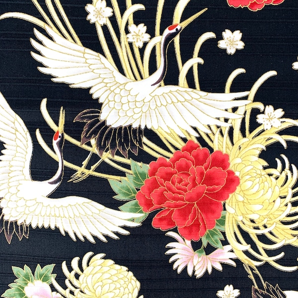 Japanese cranes fabric, heron stork, black gold birds, Chinese, Asian or Oriental fabric