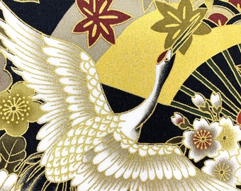 Tela japonesa de grullas, pájaros metálicos, garza, cigüeña, negro dorado, algodón oriental, por metro, zen chino asiático