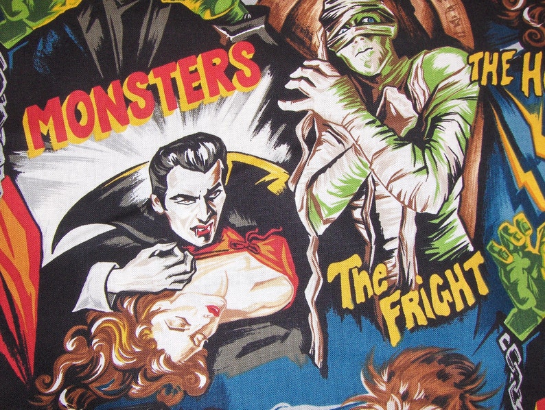 May include: A vintage-style illustration of a monster movie poster featuring a vampire, a mummy, and a creature from the black lagoon. The poster is titled "Monsters" and "The Fright".