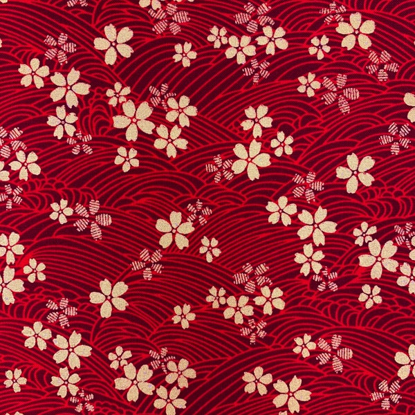 Floral fabric, oriental craft cotton, Japanese Chinese style cotton, red with gold metallic