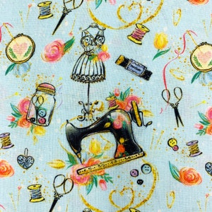 Sewing theme fabric, dressmaking sewists craft cotton, sewing machine, needle and thread