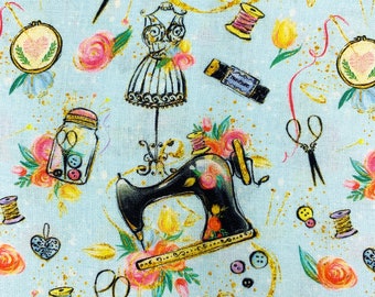 Tela con tema de costura, costura, costura, artesanía, algodón, máquina de coser, aguja e hilo