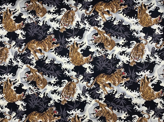 Tigers Fabric Japanese Chinese Oriental Cotton Black With 