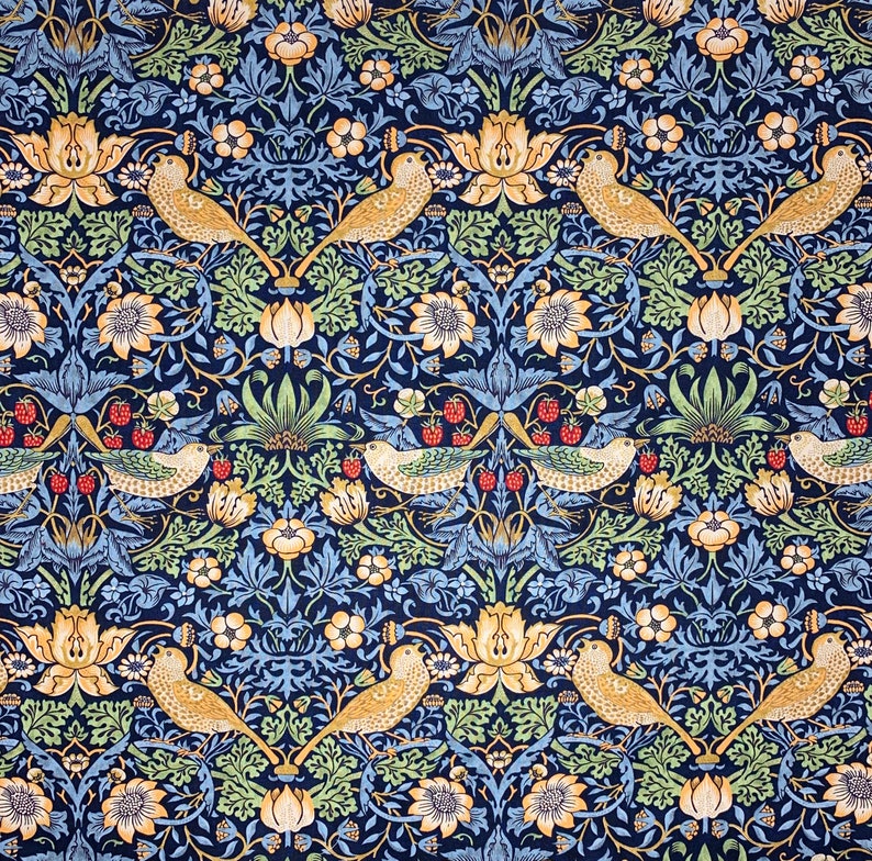 May include: A repeating pattern featuring birds, flowers, and berries in shades of gold, blue, green, and red. The design is set against a dark blue background, creating a detailed and ornate floral textile pattern.
