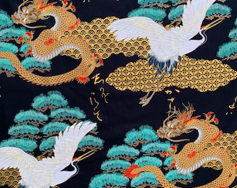 Japanese dragons and cranes fabric, heron stork,black chinese asian oriental cotton, gold, by the metre