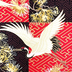 Japanse stof, kraanvogels, reigers, ooievaars, metalen vogels, zwart rood goud, oosters Chinees Aziatisch katoen, per meter, vet kwartaal