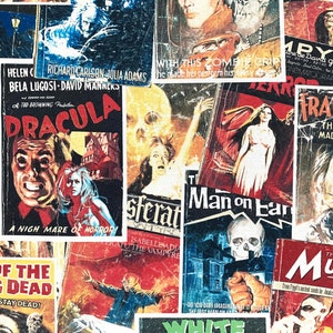 Horrorfilmstof, filmposters, retrostof, dracula, vampier, gothic, zombie, films, jaren 1950, 1960, frankenstein